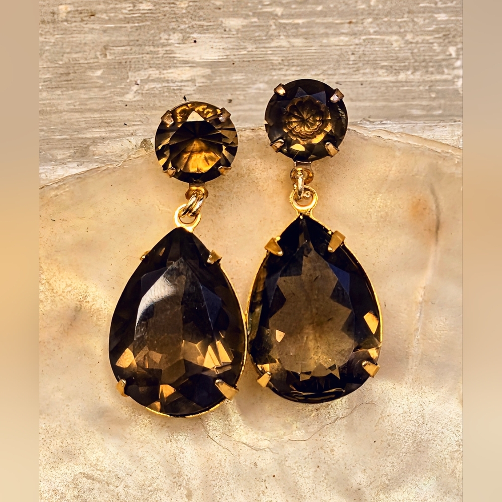 Impressive 22.7 Carats Genuine Smoky Quartz In Two Stone Gold Plated Earrings